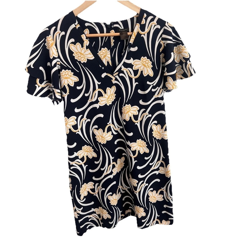 Ann Taylor Dress Ruffle Sleeve V Neck Floral Flower Short Dress Navy Women Sz 0
